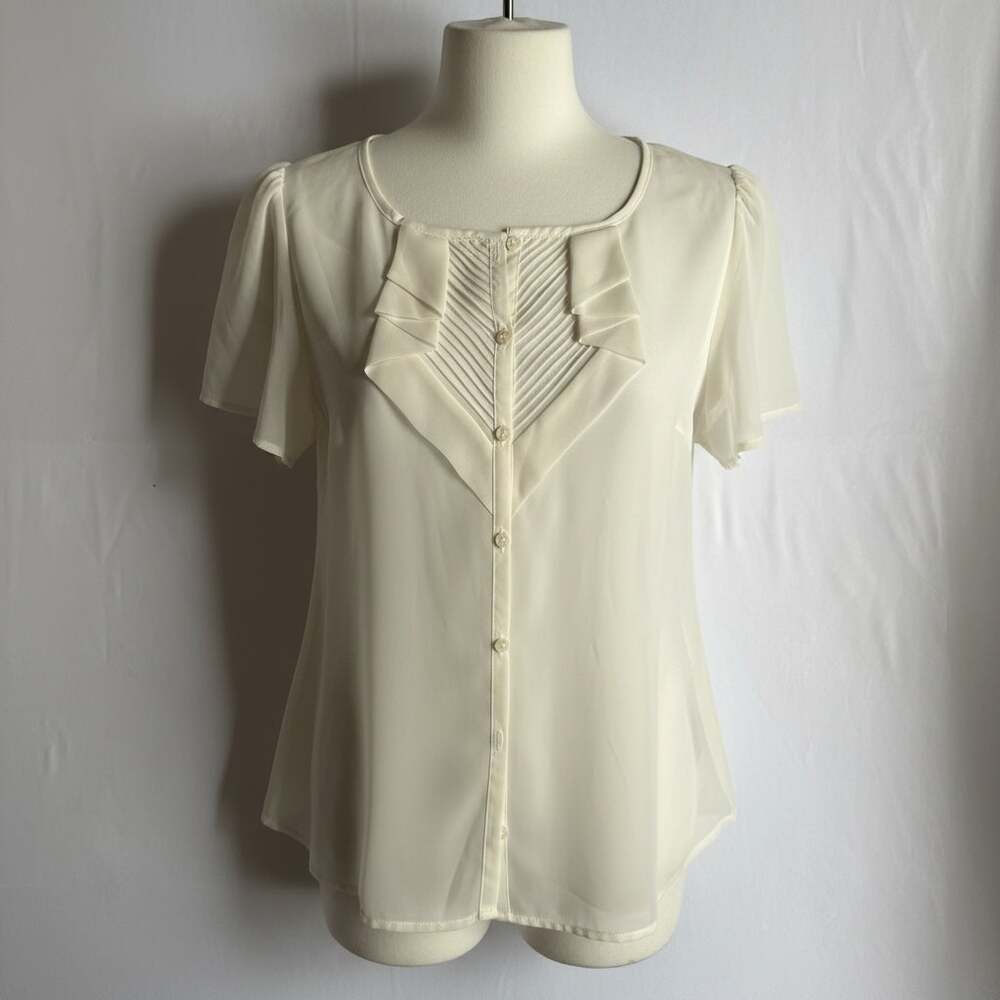 Coquette East 5th Ivory Sheer Ruffle Pintuck Button Front Blouse Sz L Deadstock